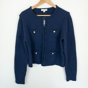 J Crew Odette Sweater Lady Jacket Womens L Blue Nautical Chore Pocket Boucle New